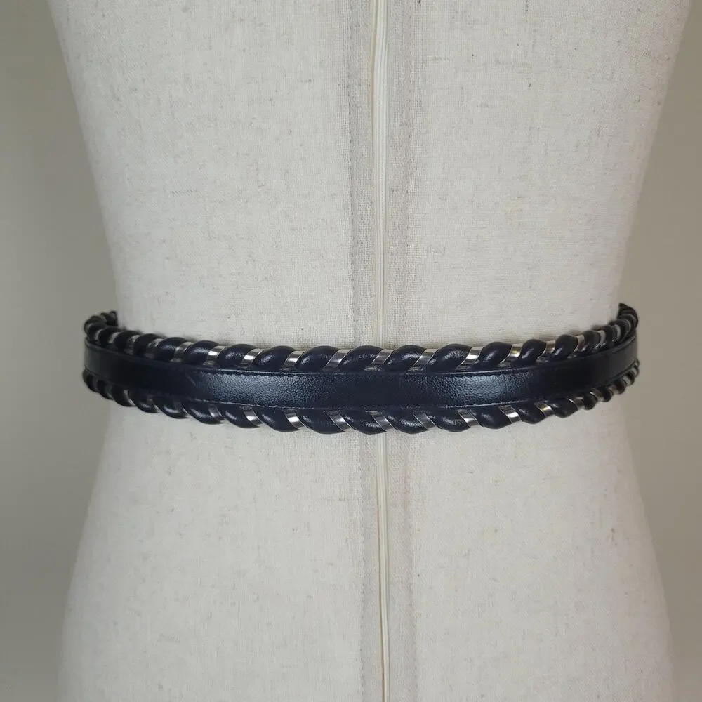 VTG Fisher Belt 28 Navy Blue Leather Whipstitch Western Cowboy Cowgirl Rodeo USA